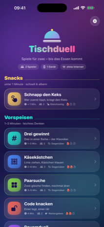 Speisekarte mit Snacks, Vorspeisen und Hauptgängen